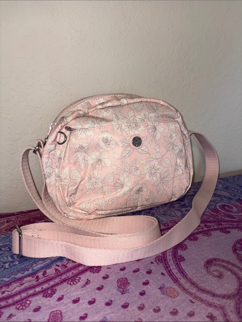 Kipling pink sakura print crossbody with out monkey charm